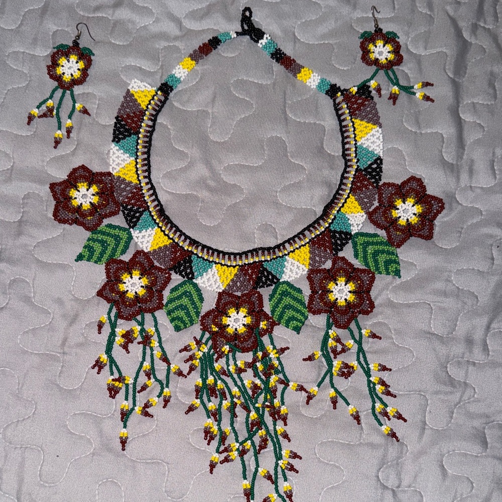 Handmade Brown Floral Beaded Statement Necklace with Earrings